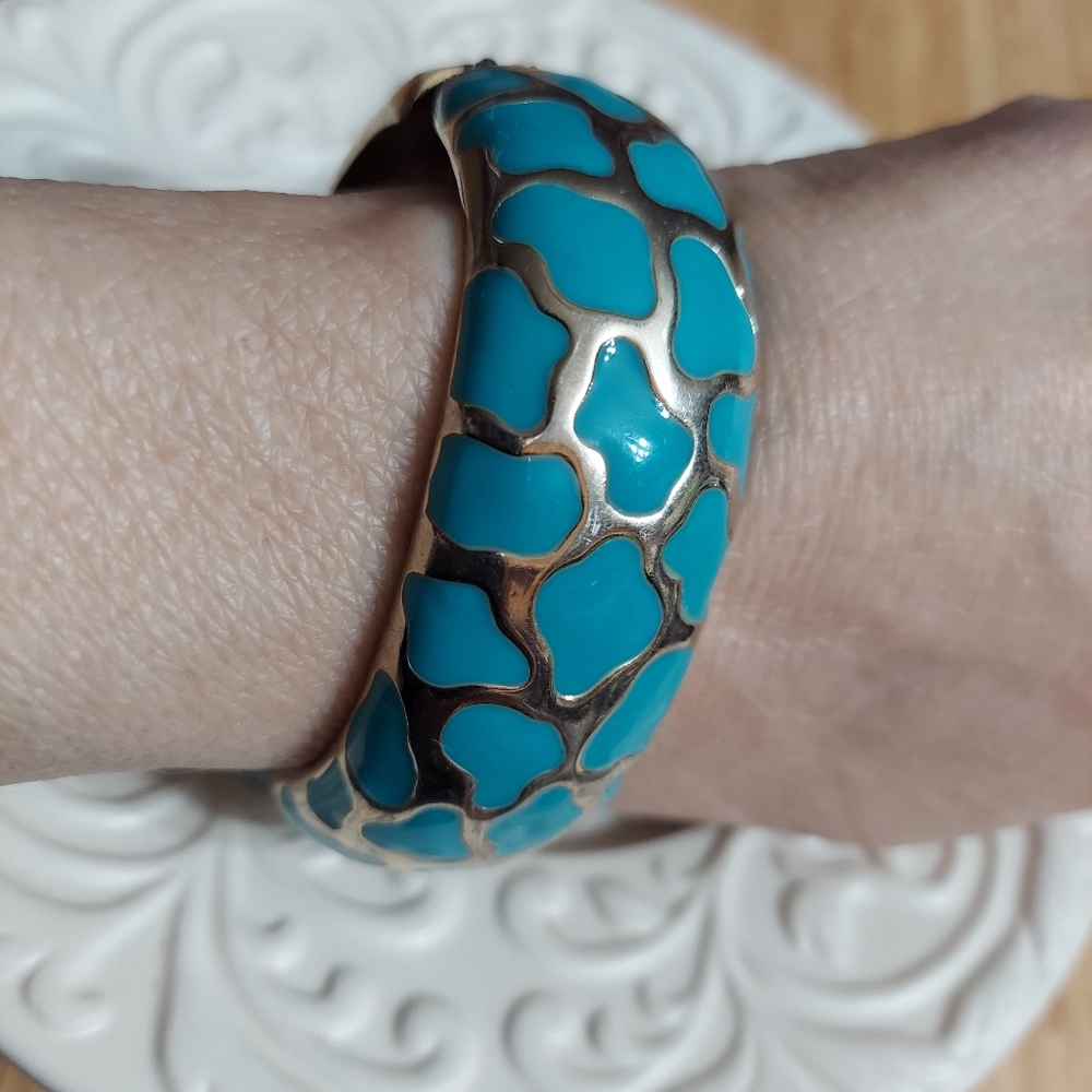 Andre Oliver Silver/Turquoise Color Enameled Hinged Cuff Bracelet